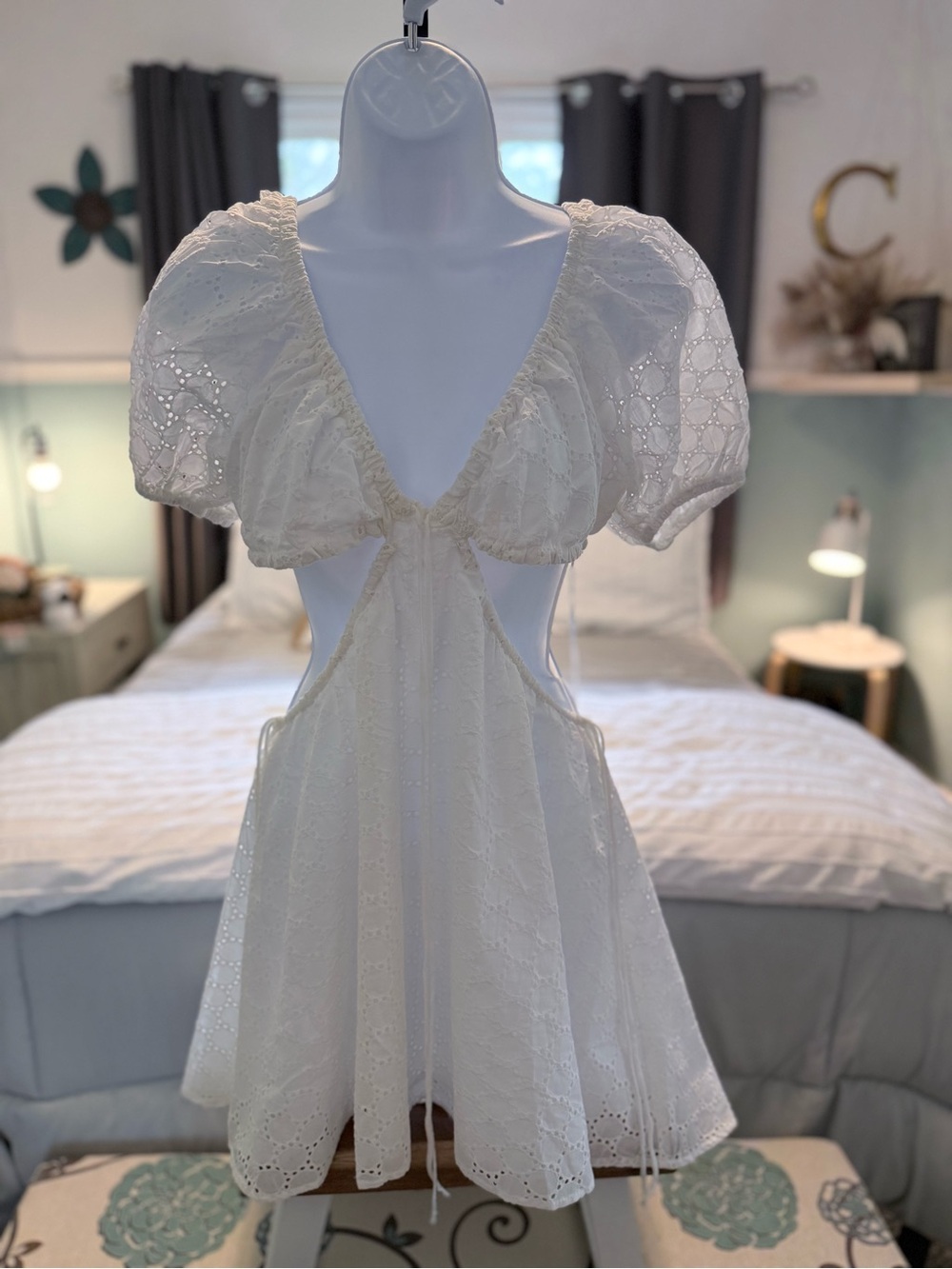 Olivaceous White Eyelet Mini Dress with Puff Sleeve Detail - Picture 1 of 3